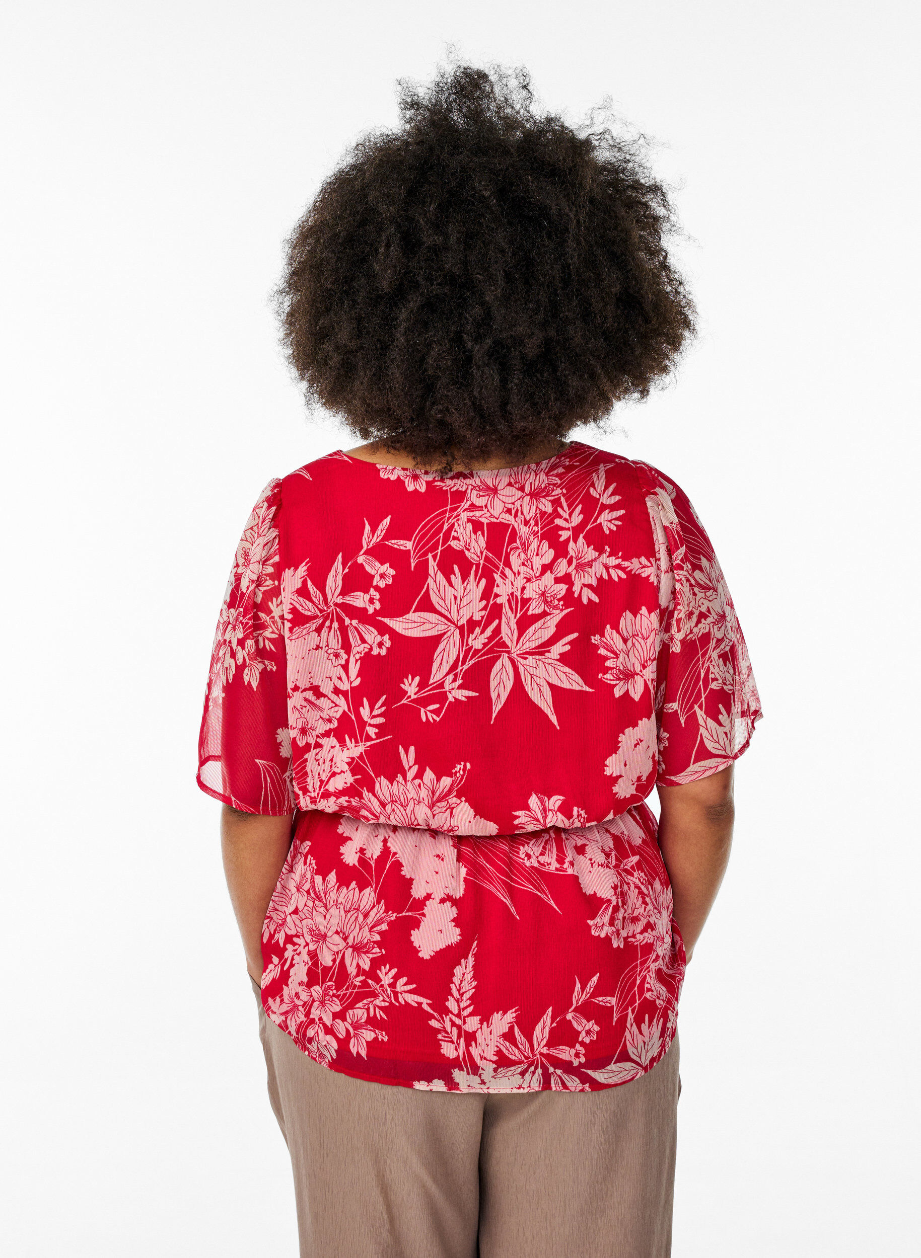 ZizziChiffon blouse met bloemenprint en elastische taille, Rood, Model image number 2