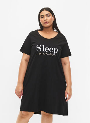 Chemise de nuit à manches courtes en coton biologique , Black Sleep, Model image number 0