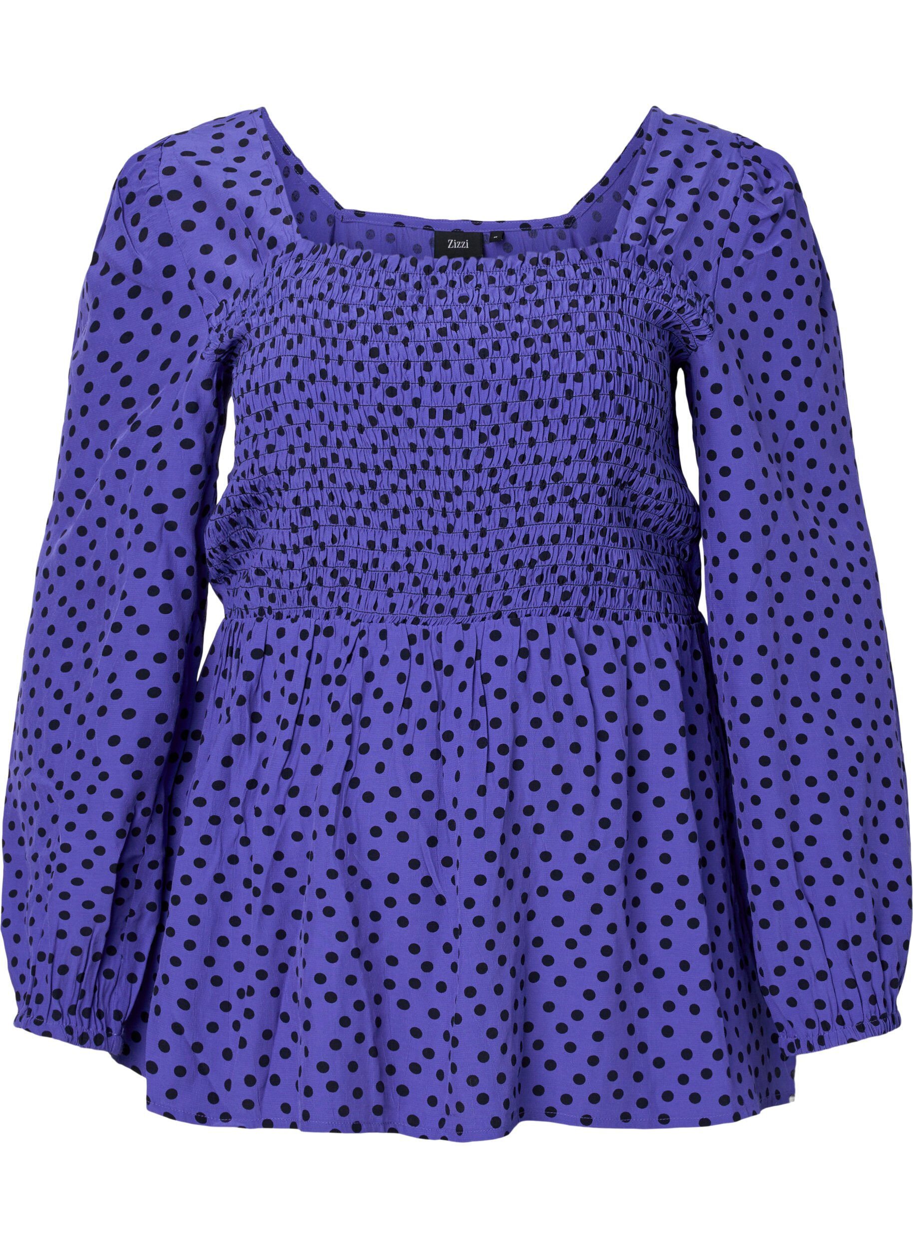 Zizzi Blouse en viscose &agrave; pois avec smock, R.Blue w. Black Dot, Packshot image number 0