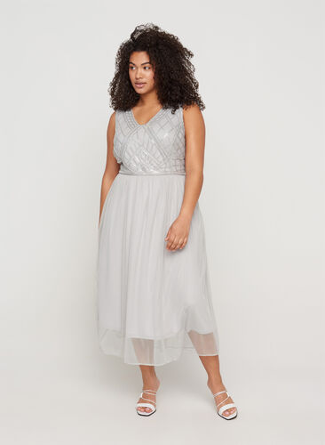 Midi-jurk met pailletten en v-hals, LIGHT GREY, Model image number 0
