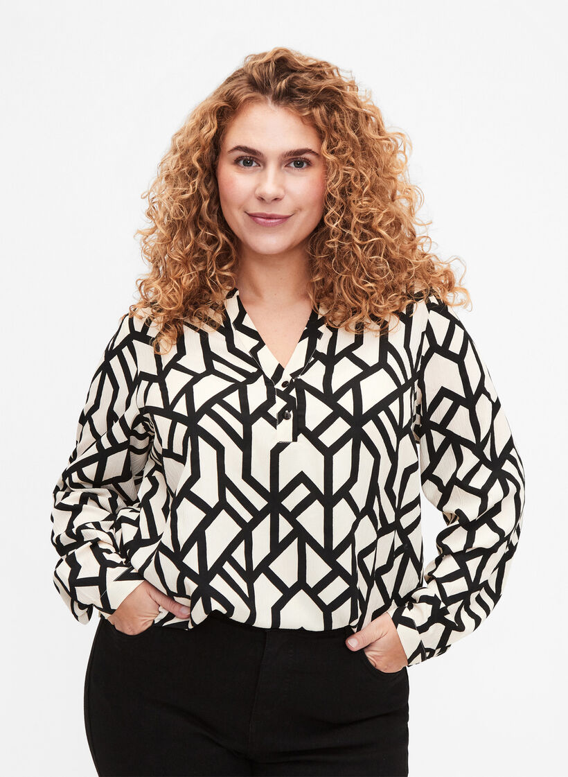 FLASH - Blouse met lange mouwen en print, Birch Black Graphic, Model image number 0