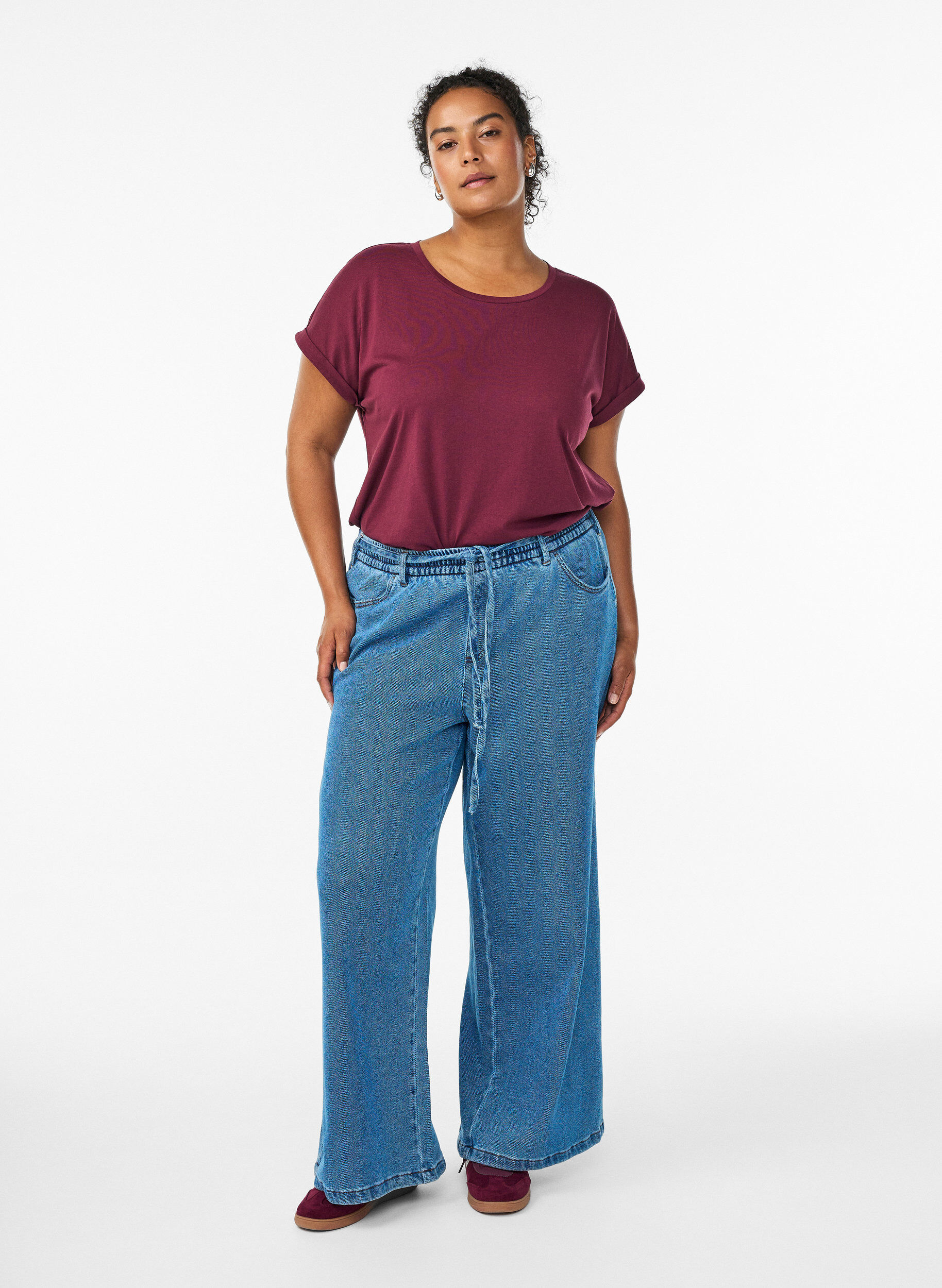 ZizziT-shirt met korte mouwen van katoenmix, Donker Bordeaux, Model image number 1