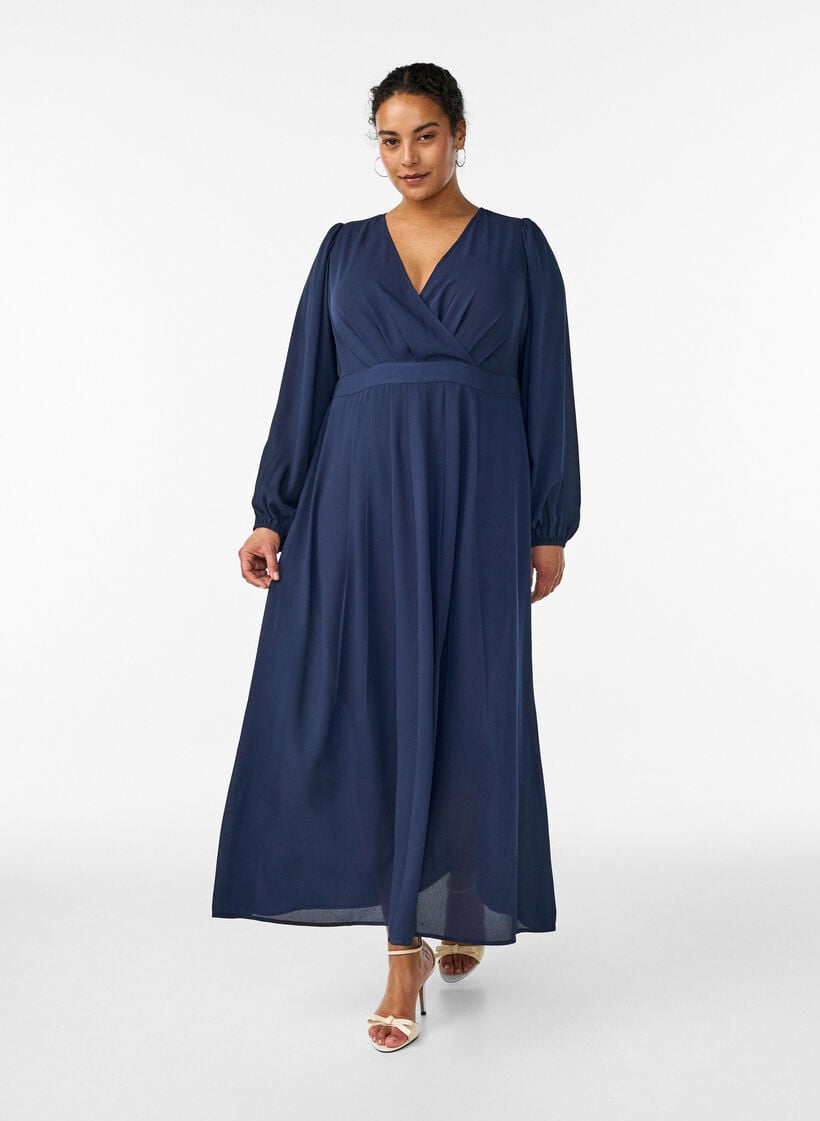 Robe maxi avec encolure cache-c&oelig;ur et manches longues, Bleu, Model image number 0