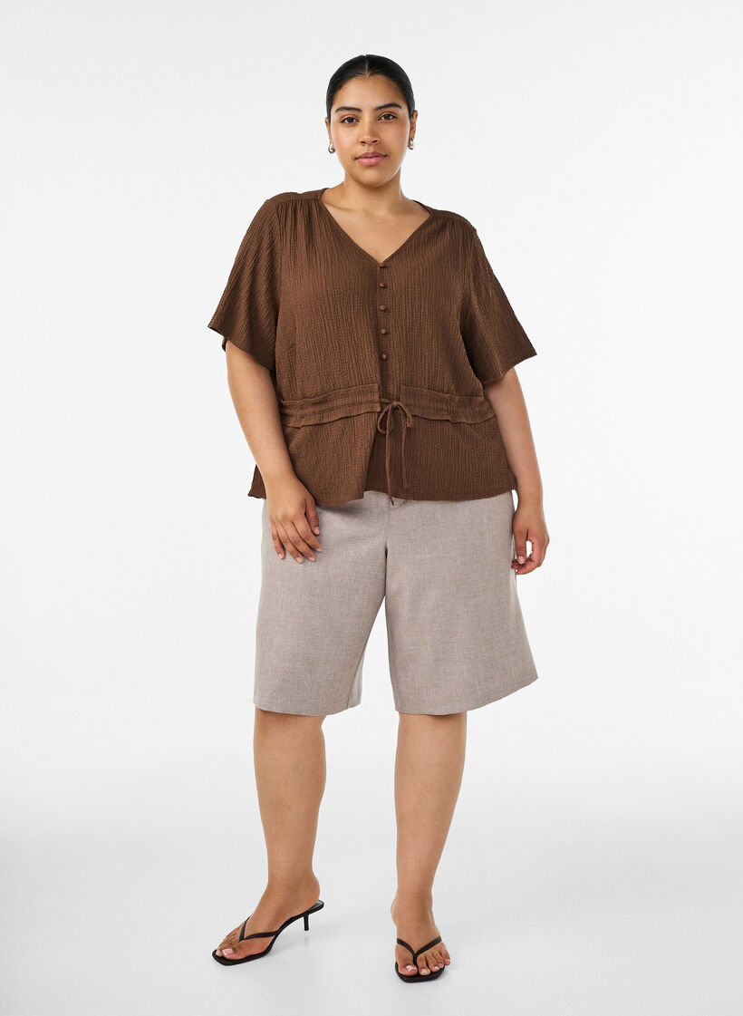 Blouse avec texture et lien &agrave; la taille, Marron, Model image number 1