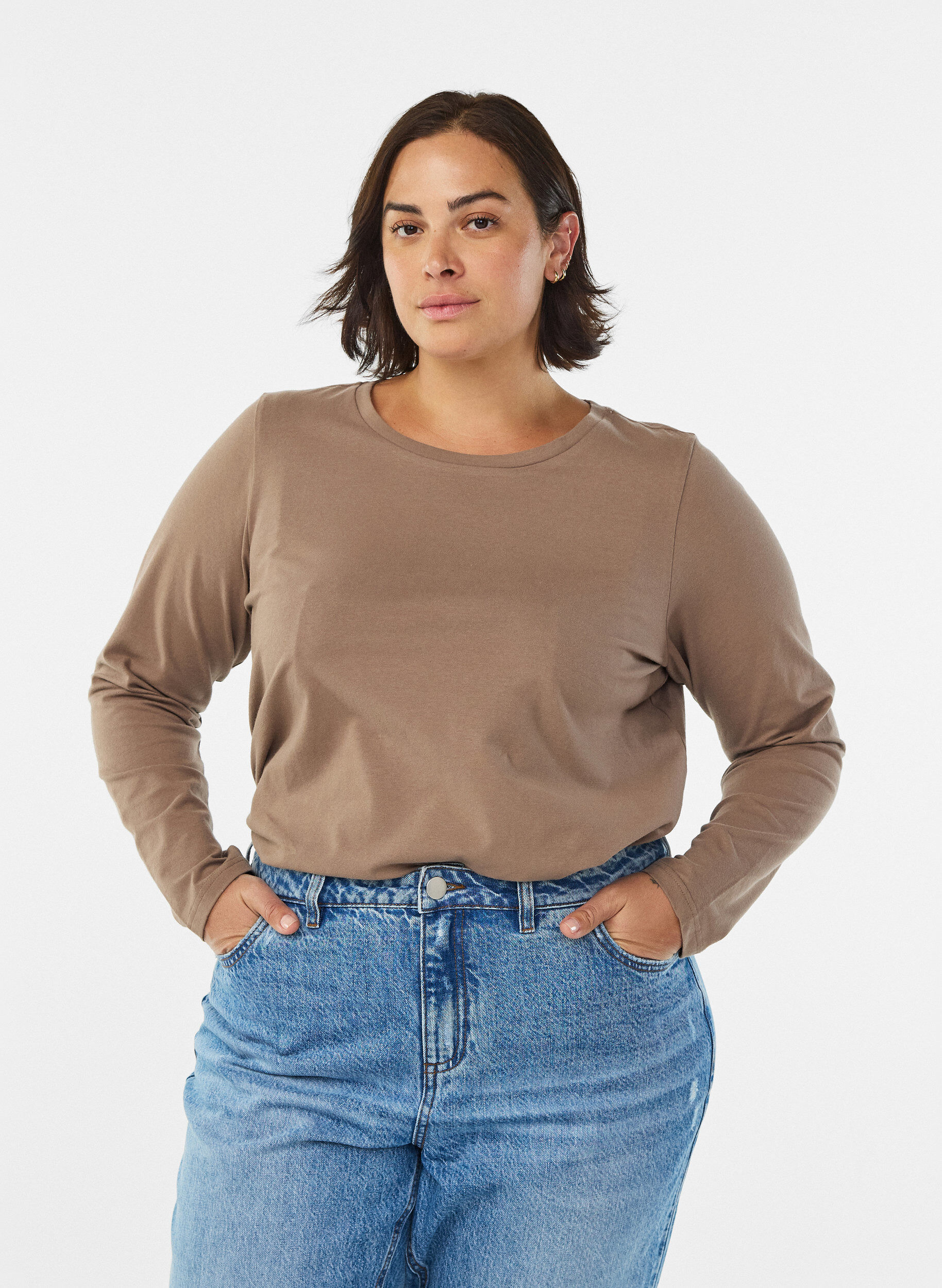 ZizziBlouse basique en jersey &agrave; manches longues, Marron, Model image number 0