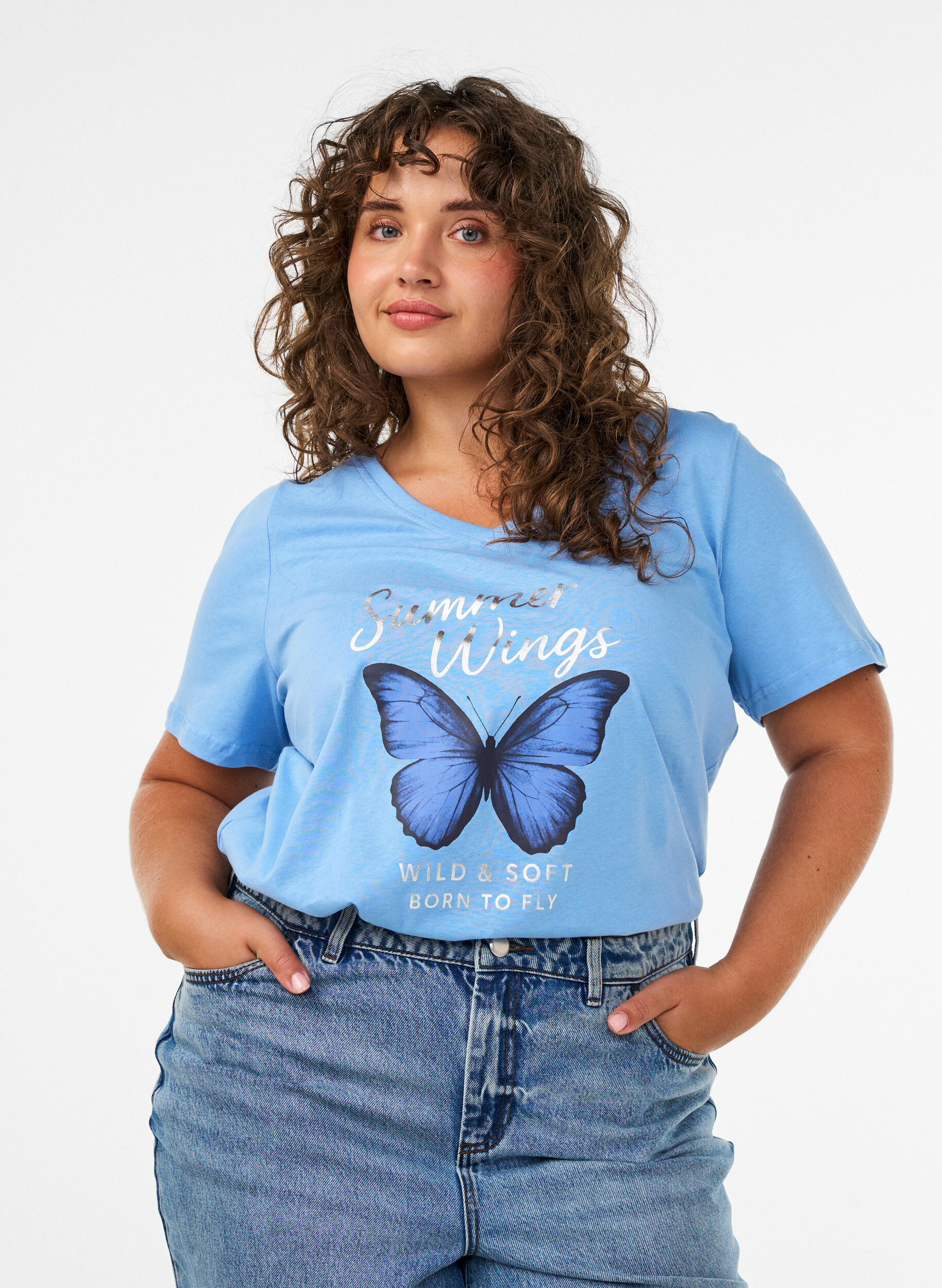 Katoenen T-shirt met V-hals en print aan de voorkant, Blauw, Model