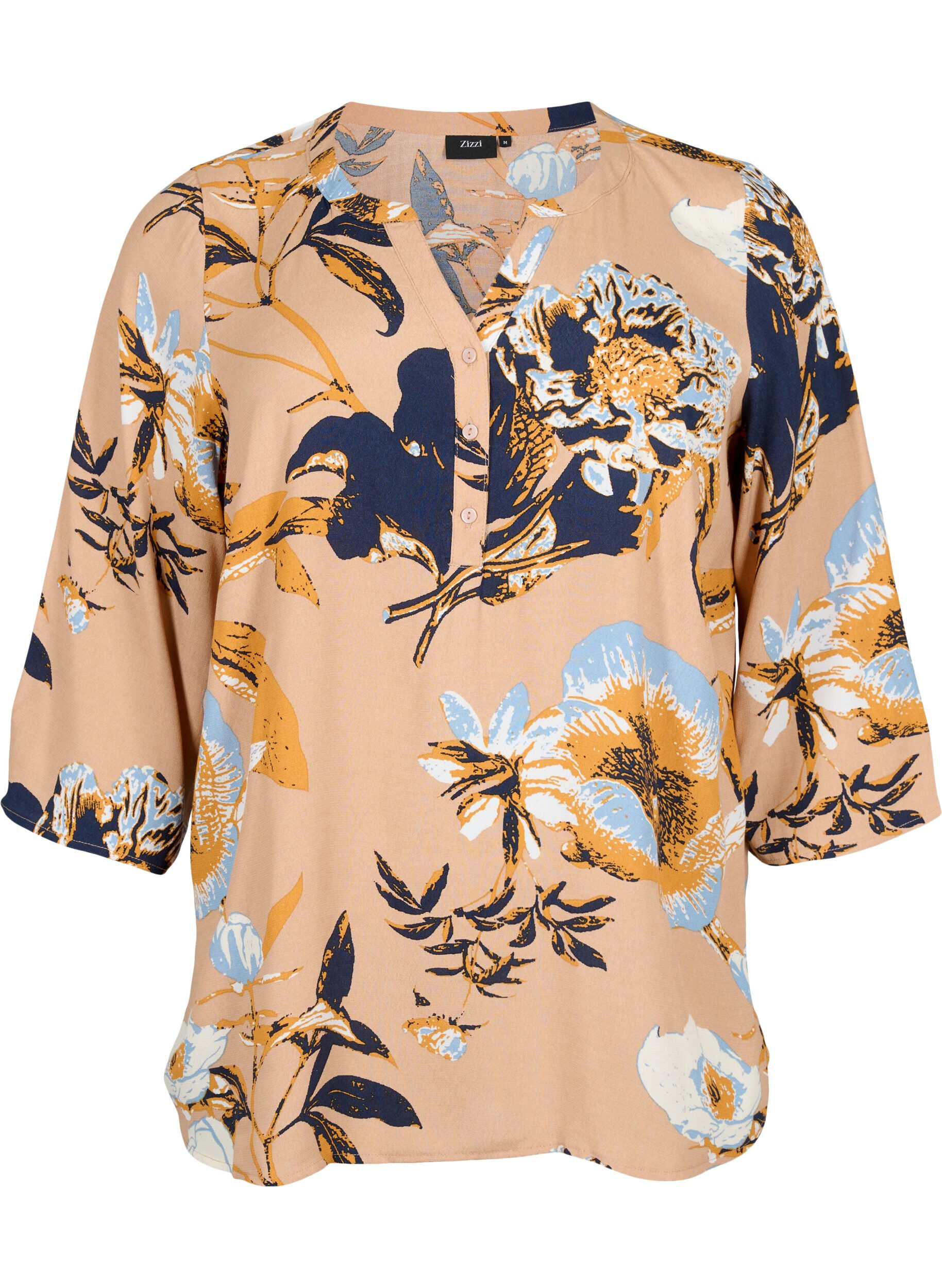 ZizziBlouse van Viscose met 3/4 mouw, Blue Flower AOP, Packshot image number 0