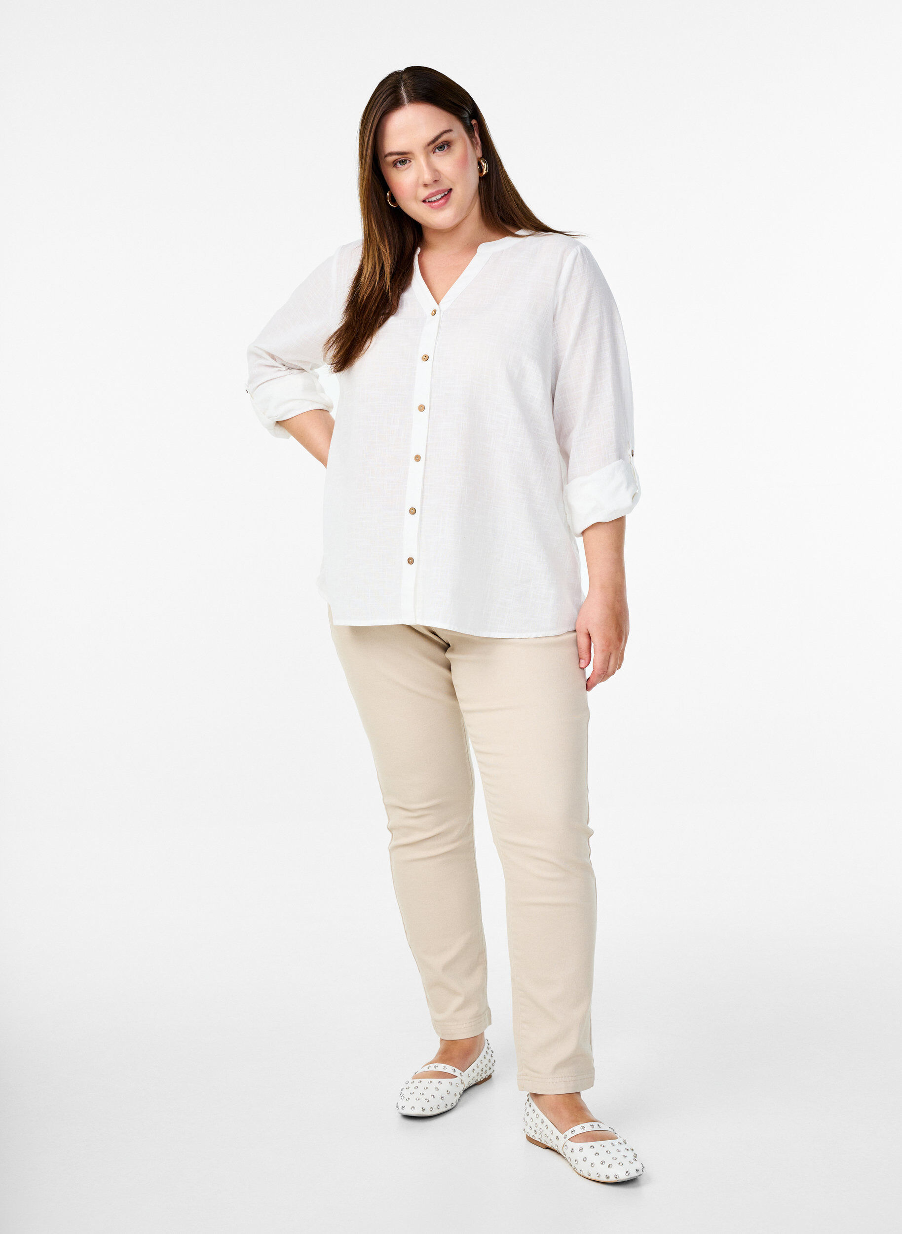 ZizziKatoenen blouse met een V-hals, Wit, Model image number 1