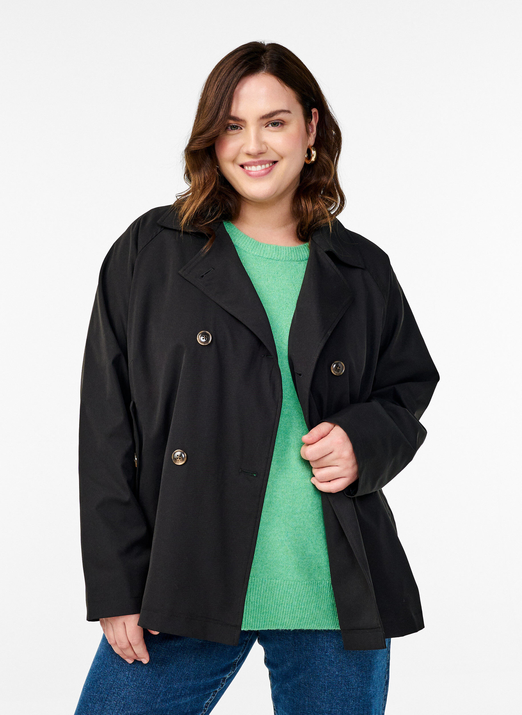 Zizzi Trench court avec poches, Noir, Model image number 0