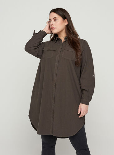 Chemise longue en coton avec poches à la poitrine, Khaki Green, Model image number 0