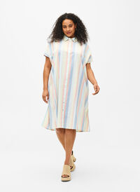 Lang shirt van katoenmix met linnen, Multi Color Stripe, Model