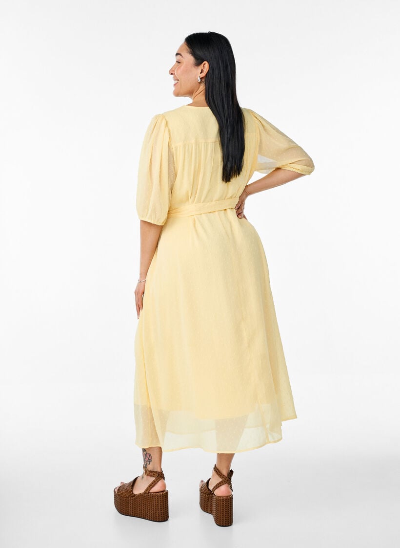 Robe midi &agrave; encolure en V avec attaches &agrave; nouer, Jaune clair, Model image number 1