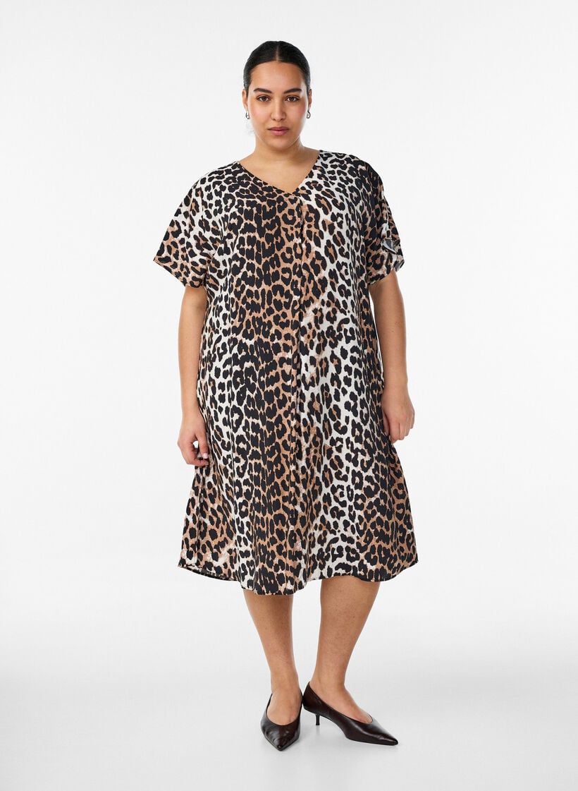 Robe &agrave; col en V en viscose, Marron, Model image number 0