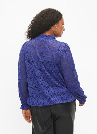 Kanten blouse met lange mouwen en smok, Deep Ultramarine, Model image number 1