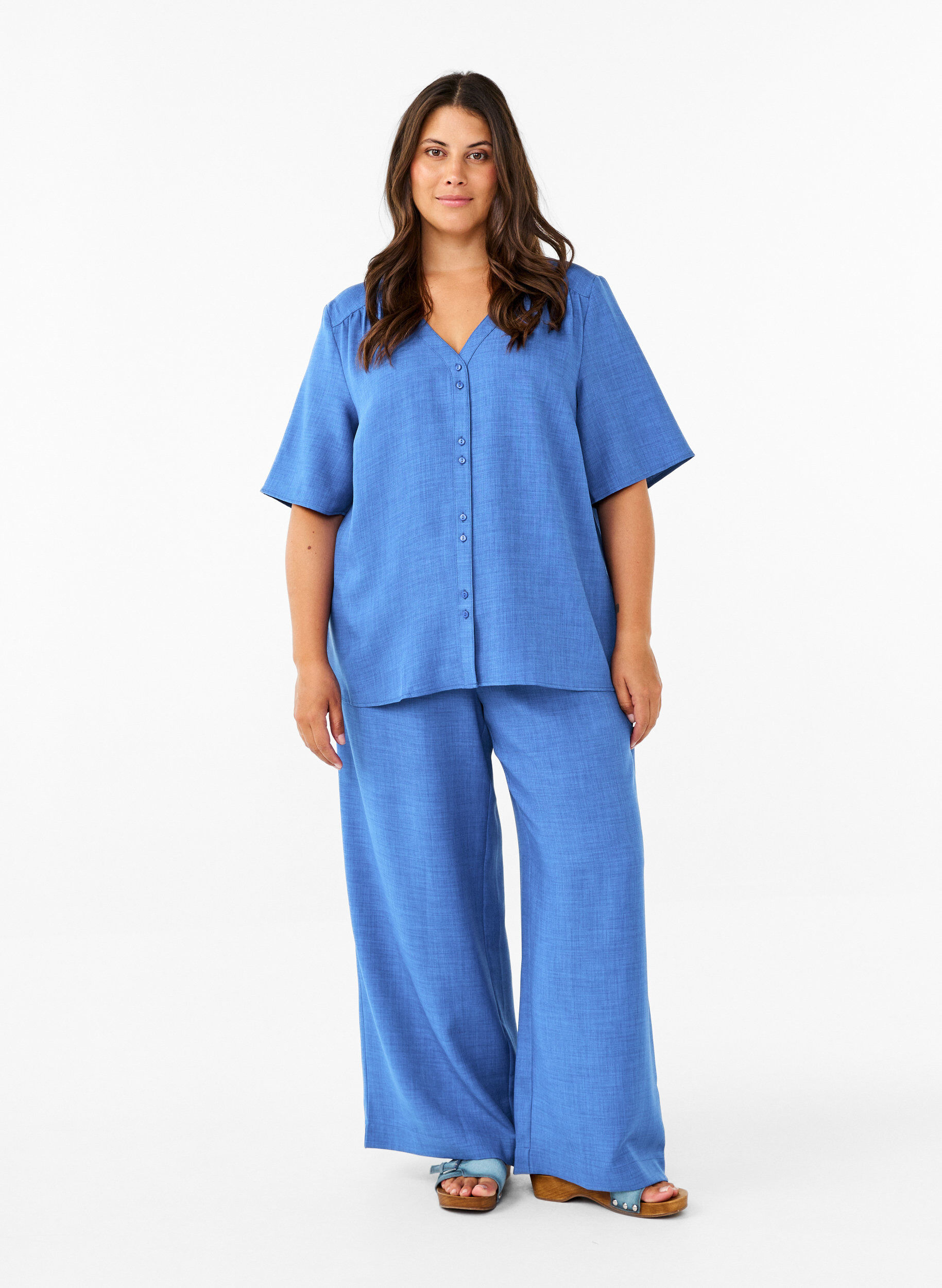 ZizziOverhemd blouse met V-hals en korte mouwen, Blauw, Model image number 1