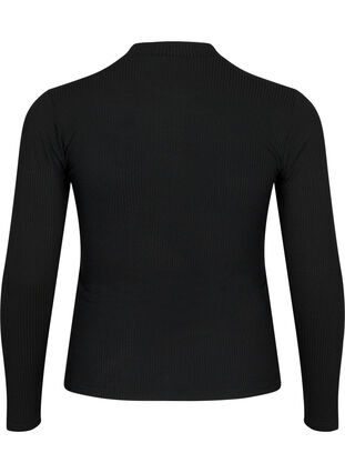 Geribde blouse met lange mouwen en gaatjes, Black, Packshot image number 1