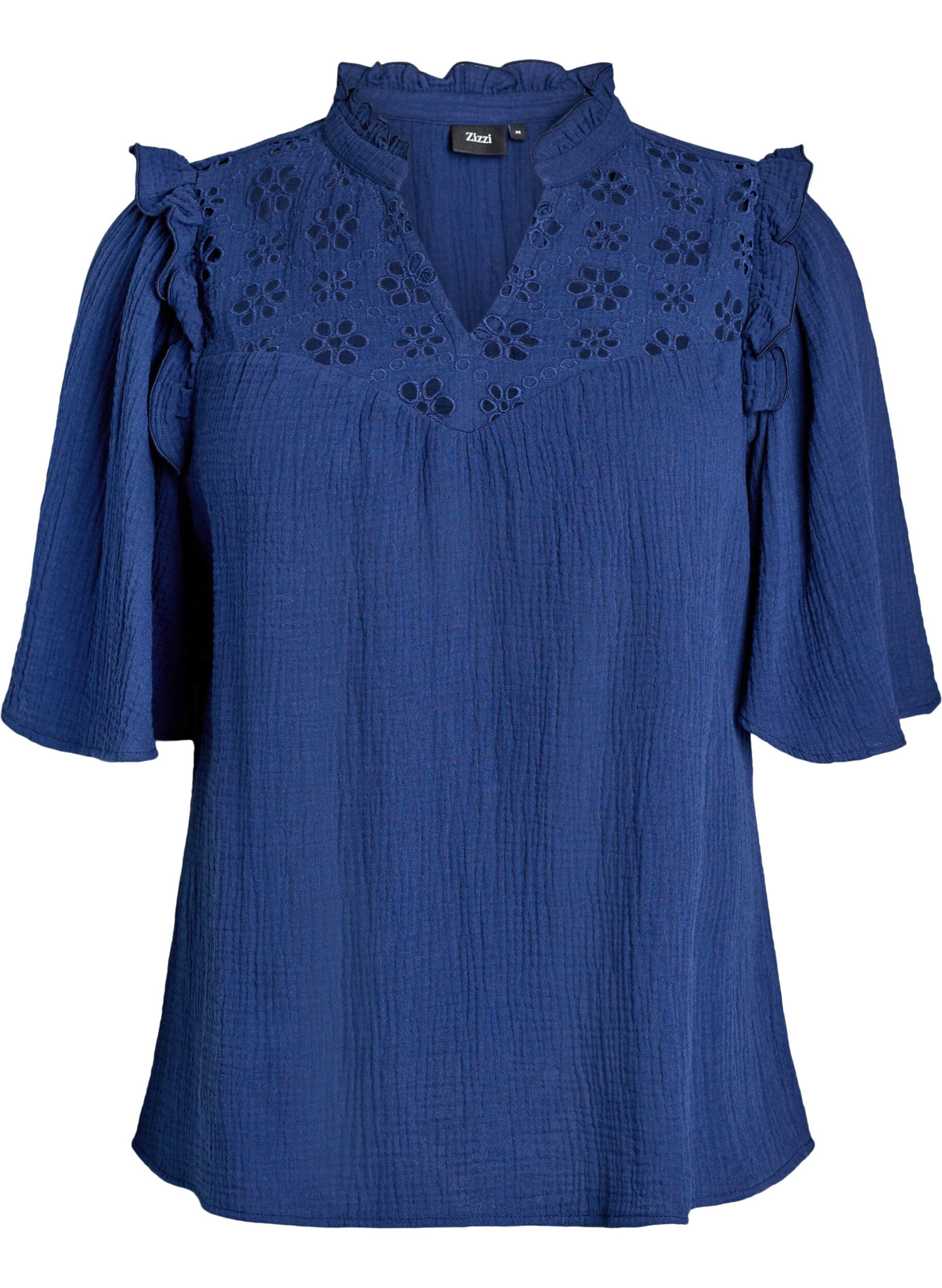 Blouse in katoen mousseline met broderie anglaise en 1/2 mouwen