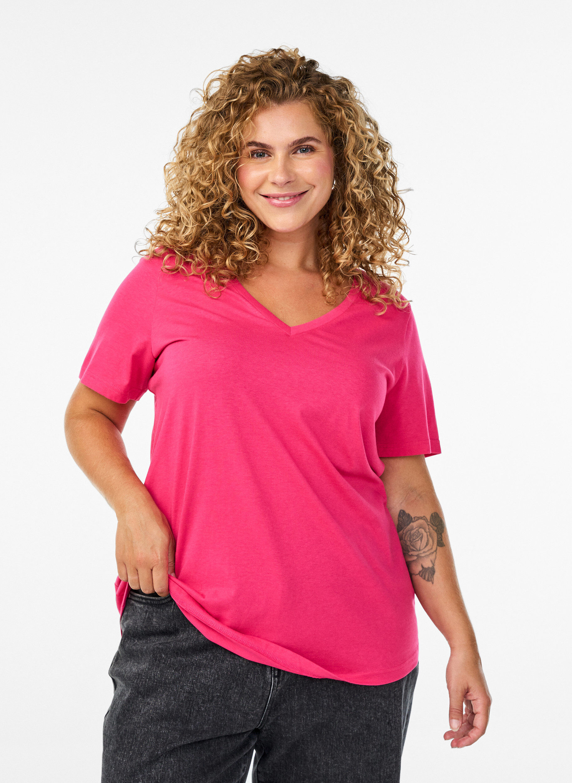 ZizziT-shirt met korte mouwen en V-hals, Roze, Model image number 0