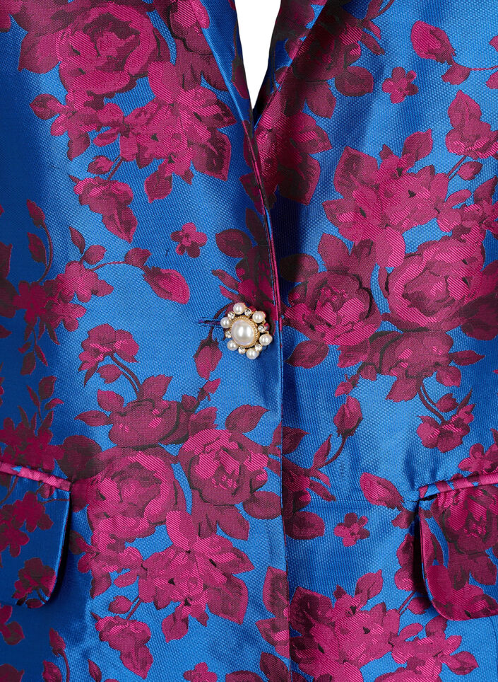 Blazer met bloemmotief en parelknoop, Blue Quartz Jaquard, Packshot image number 2