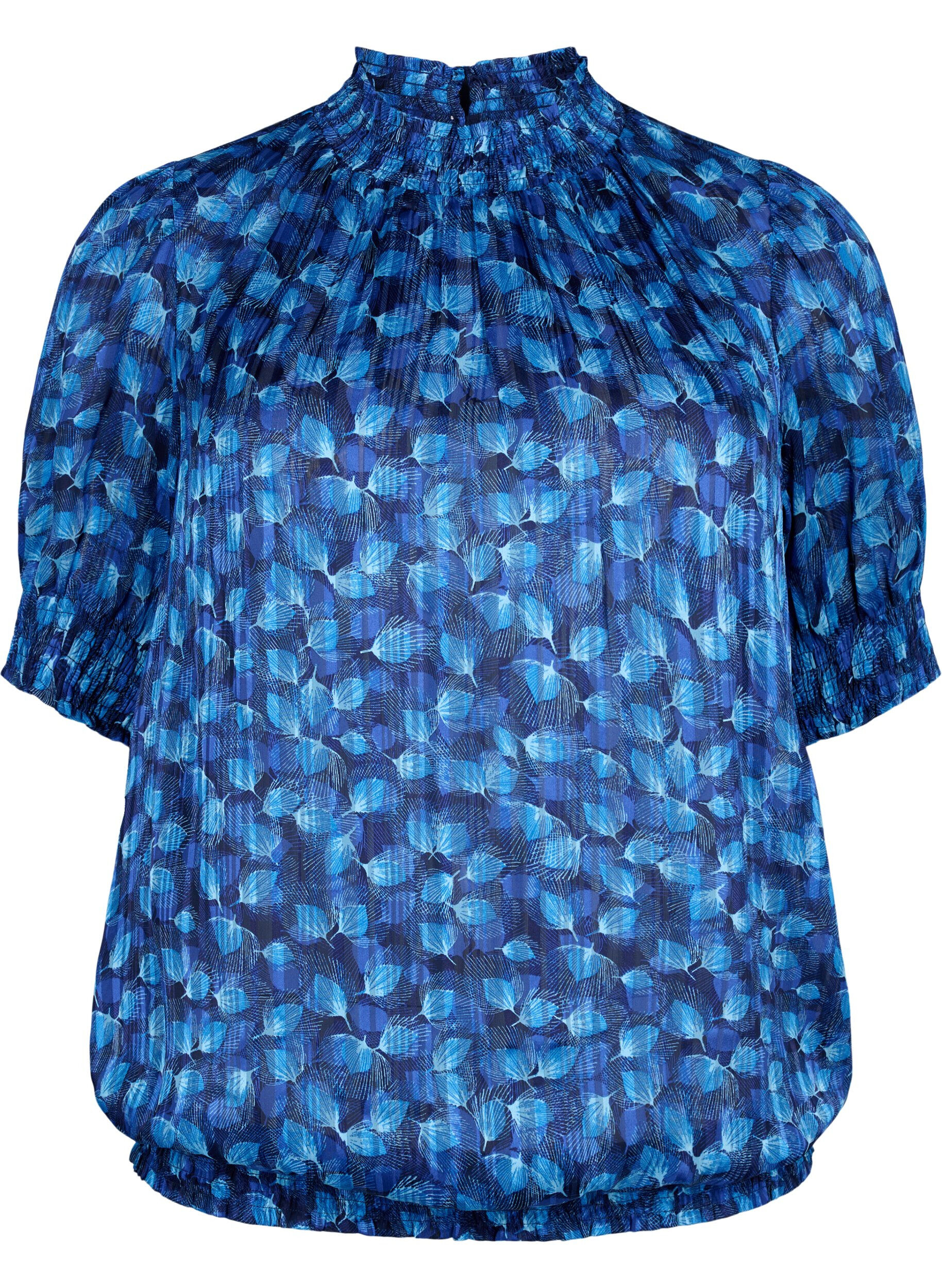 Zizzi Smock-blouse met korte mouwen en print, Navy Blazer Leaf AOP, Packshot image number 0