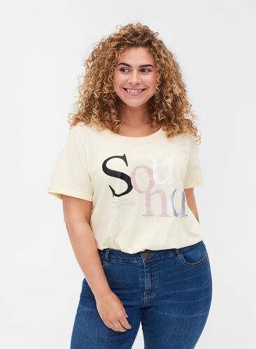 T-shirt en coton bio avec imprimé, Light Yellow, Model image number 0