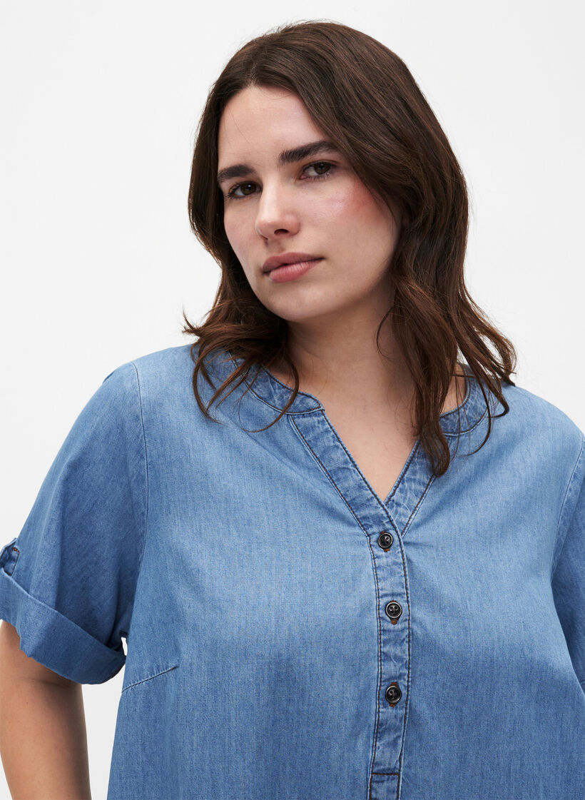 Denim jurk met split en korte mouwen, Blue denim, Model image number 3
