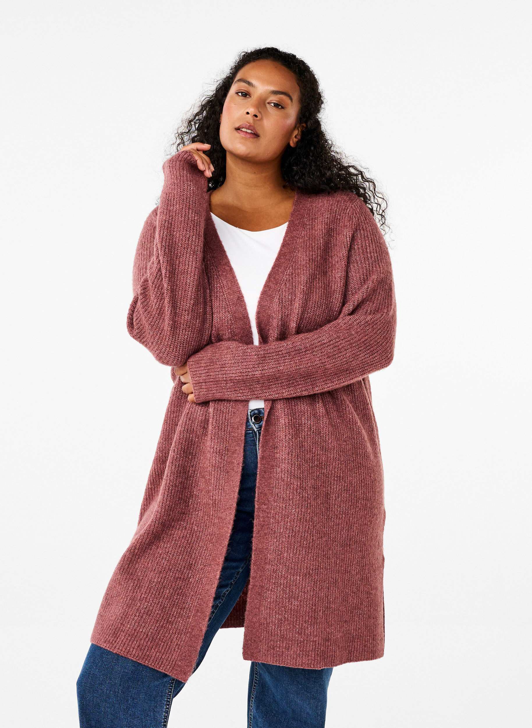 ZizziFLASH - Geribde cardigan met splitten, Rose Brown Melange, Model image number 0