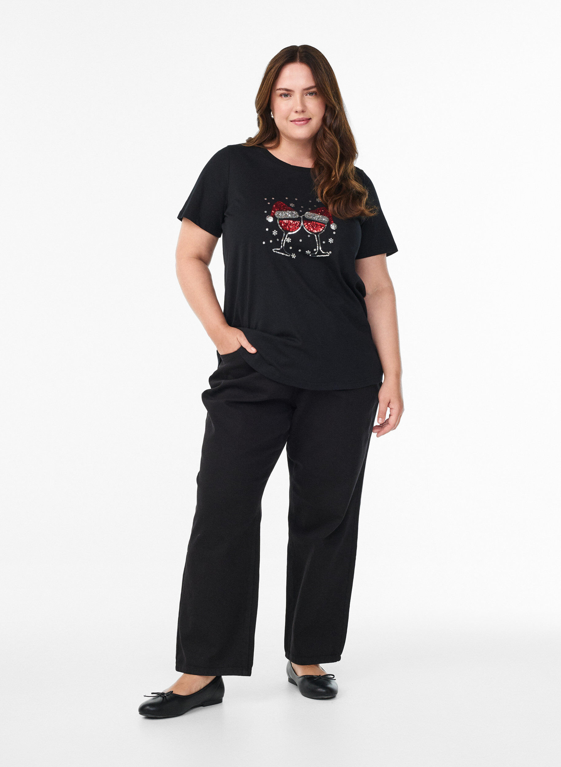 Zizzi T-shirt de No&euml;l en coton bio, Noir, Model image number 1