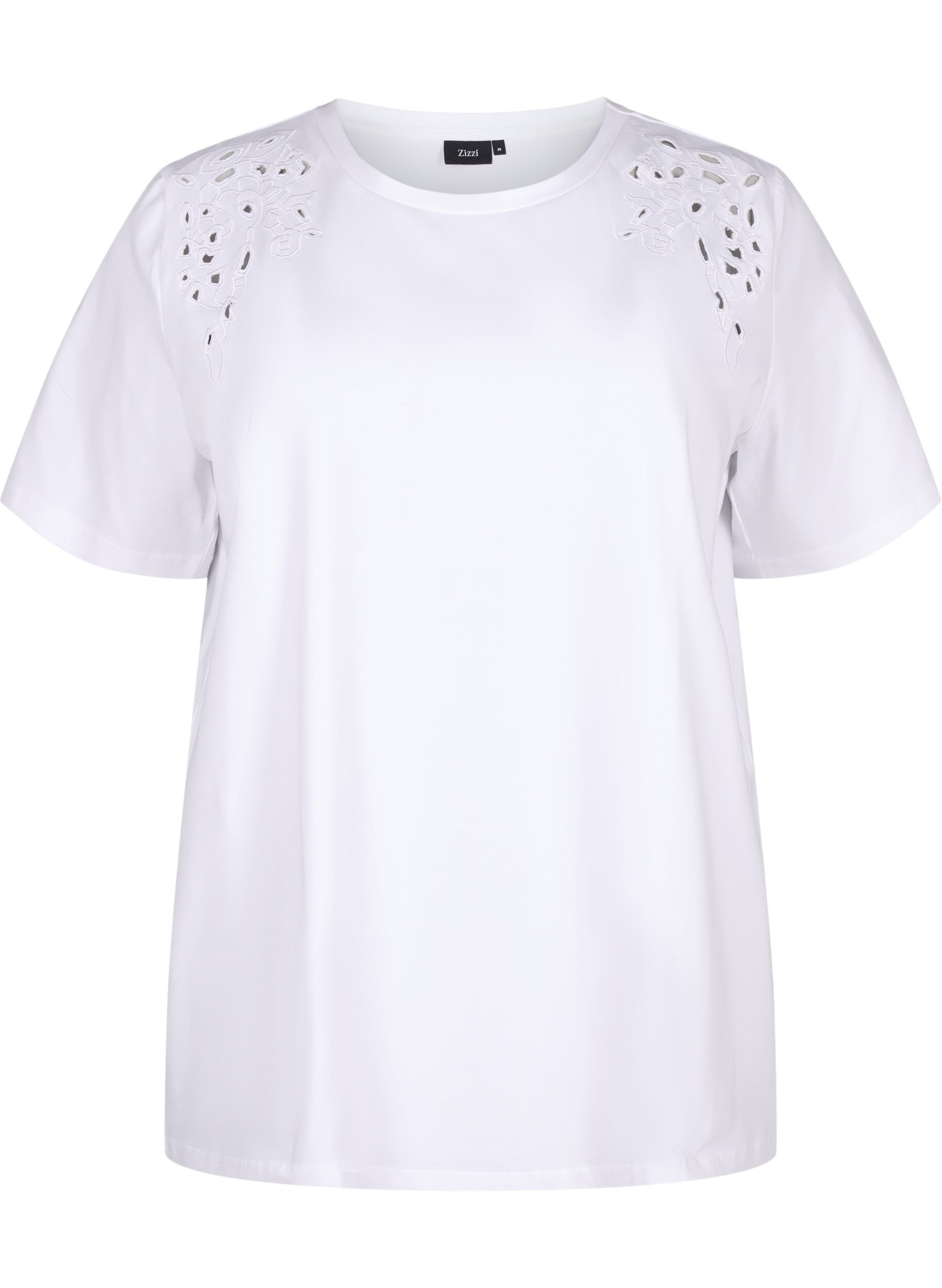 Zizzi T-shirt en coton bio avec d&eacute;tails brod&eacute;s, Bright White, Packshot image number 0