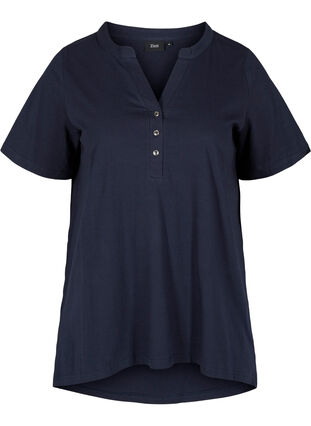 T-shirt en coton avec col en V et boutons, Night Sky, Packshot image number 0