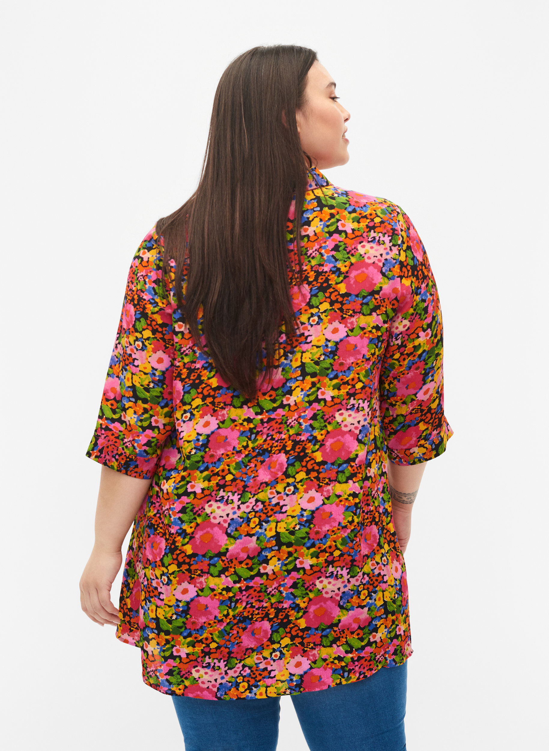 ZizziGebloemde viscose tuniek met 3/4 mouwen, Neon Flower Print, Model image number 1