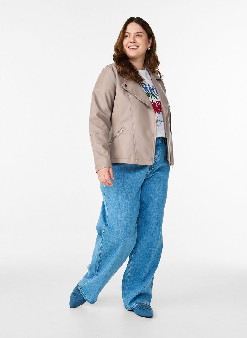 Veste biker en similicuir, Gris, Model image number 1