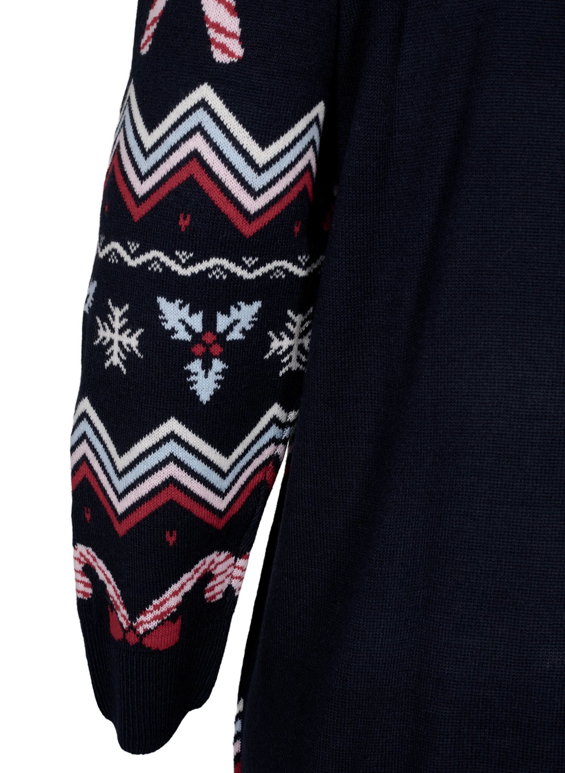 Zizzi Robes tricot&eacute;es &agrave; manches longues avec un motif de No&euml;l, Navy Blazer Comb, Packshot image number 3