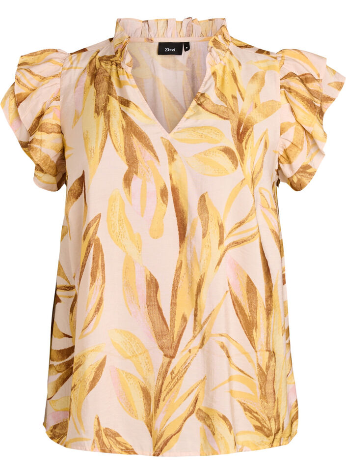 Viscose blouse met bladprint en ruches, Geel, Packshot image number 0