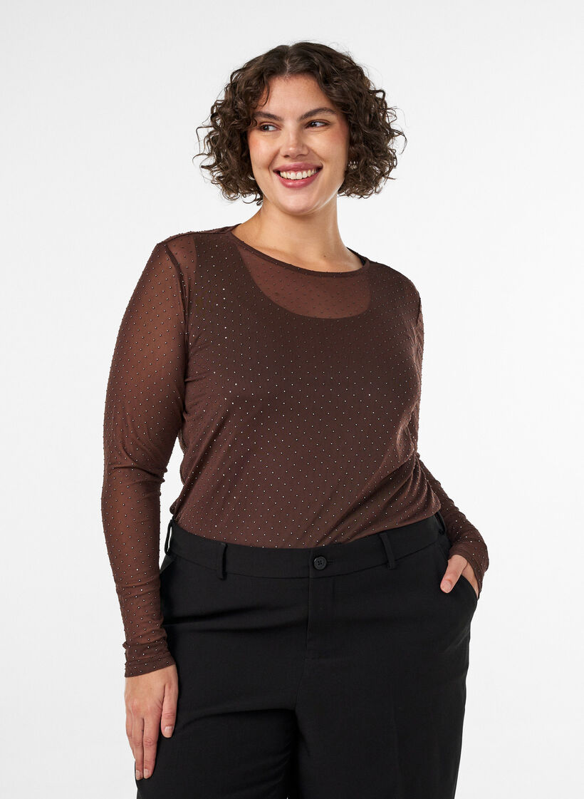 Transparante mesh blouse met strassteentjes, Bruin, Model image number 0