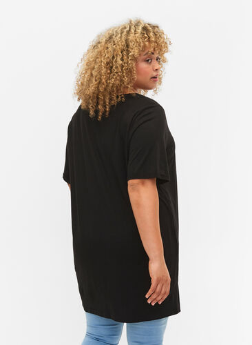 T-shirt à col en V surdimensionné de couleur unie, Black, Model image number 1