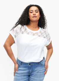 Katoenen T-shirt met korte mouwen en kant, Bright White, Model