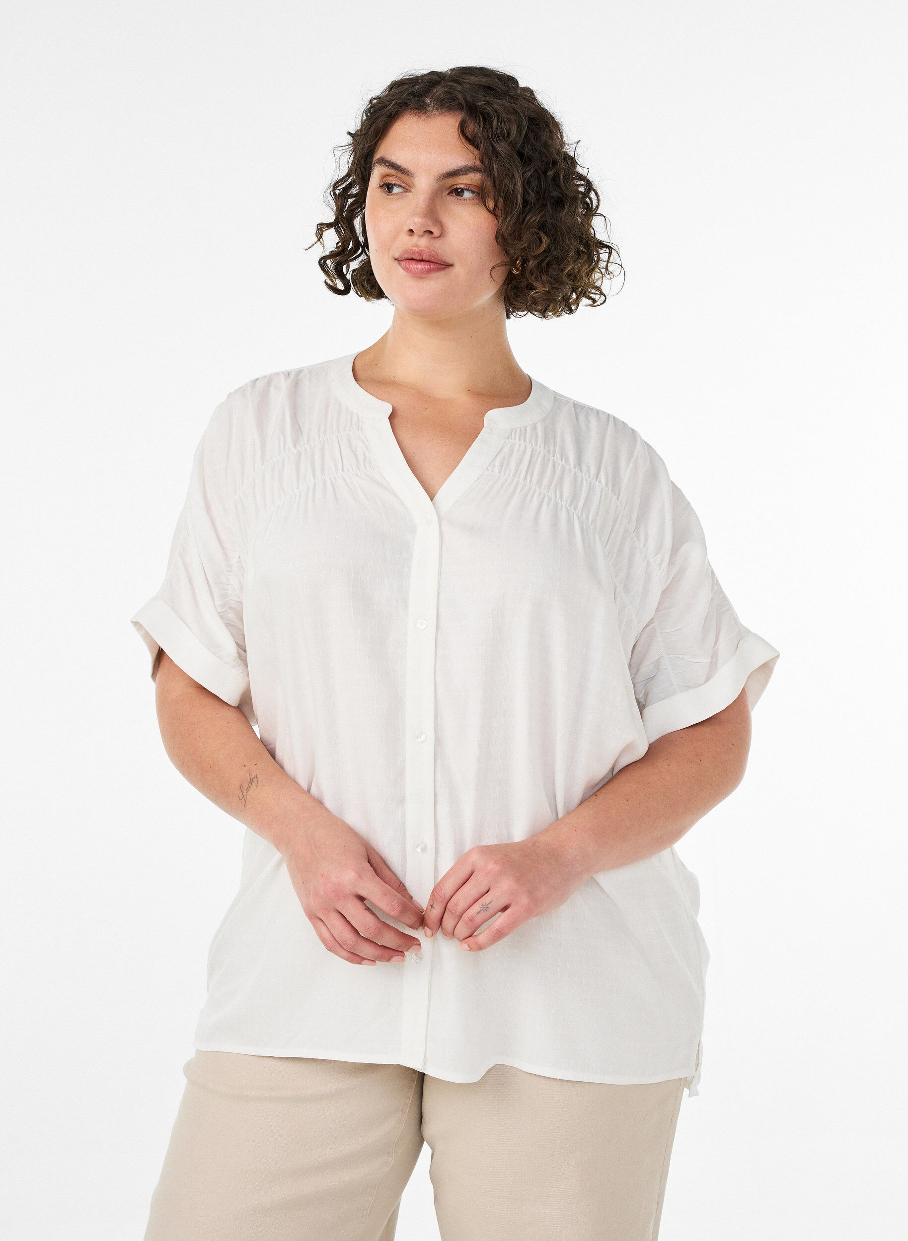 ZizziViscose blouse met korte mouwen en rimpeldetail, Vanille, Model image number 0