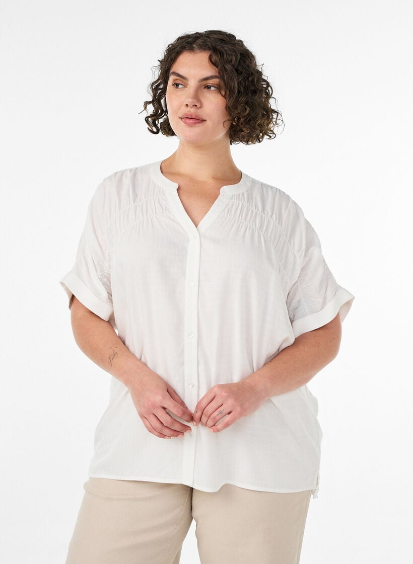 Viscose blouse met korte mouwen en rimpeldetail, Vanille, Model image number 0