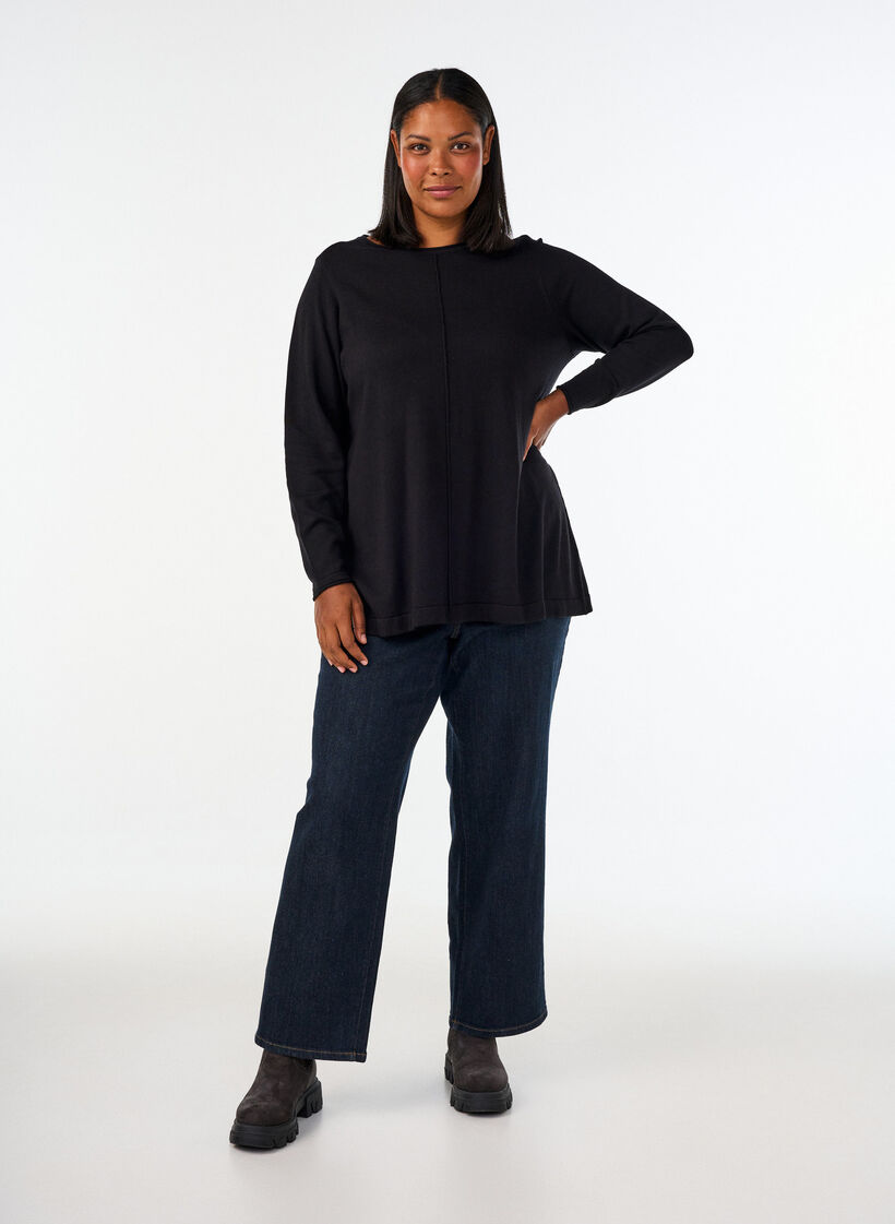 Blouse tricot&eacute;e en m&eacute;lange coton-viscose, Noir, Model image number 1