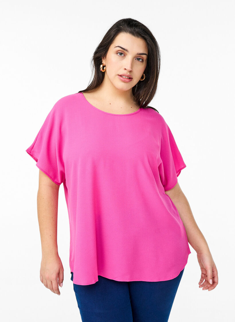 Blouse &agrave; manches courtes et encolure ronde, Rose, Model image number 0