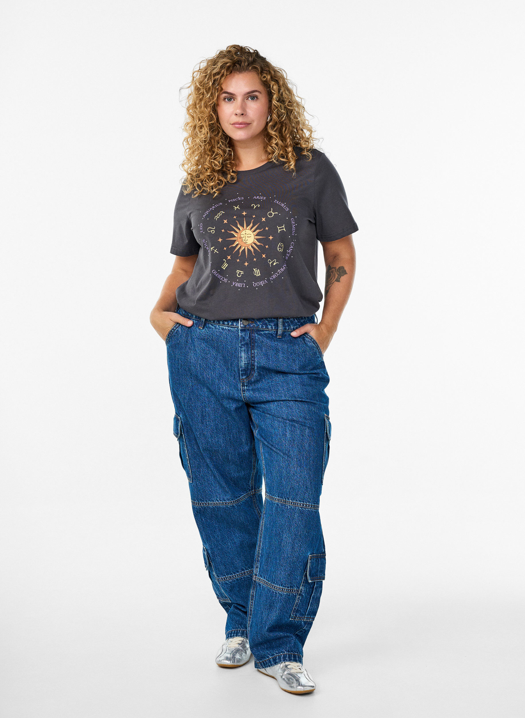 ZizziKatoenen T-shirt met print op de voorkant, Grijs, Model image number 1