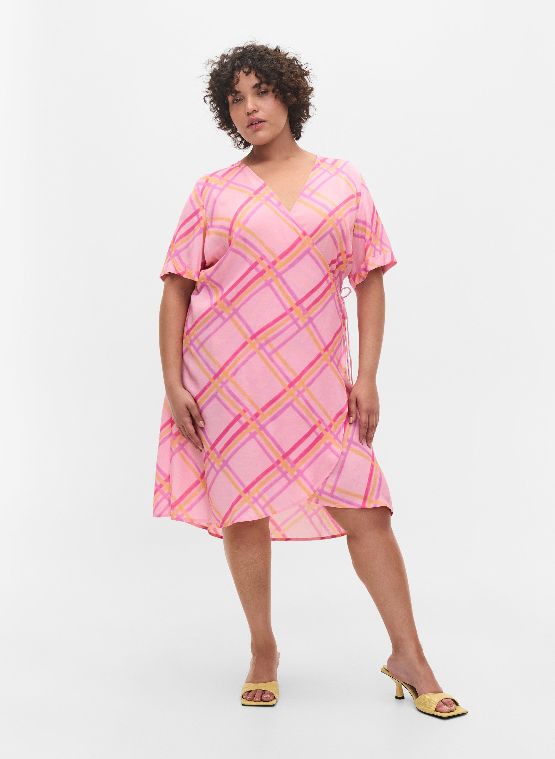 ZizziGeruite viscose wikkeljurk, Pink Check, Model image number 3