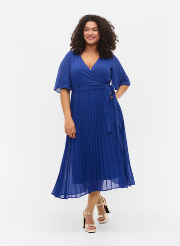 Geplooide midi jurk met korte mouwen, Clematis Blue, Model image number 0