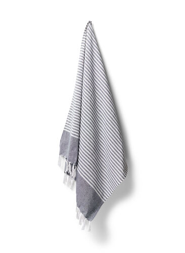 Gestreepte handdoek met franjes, Dark Blue Melange, Packshot image number 0