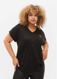 T-shirt de sport à manches courtes avec col en V, Black, Model