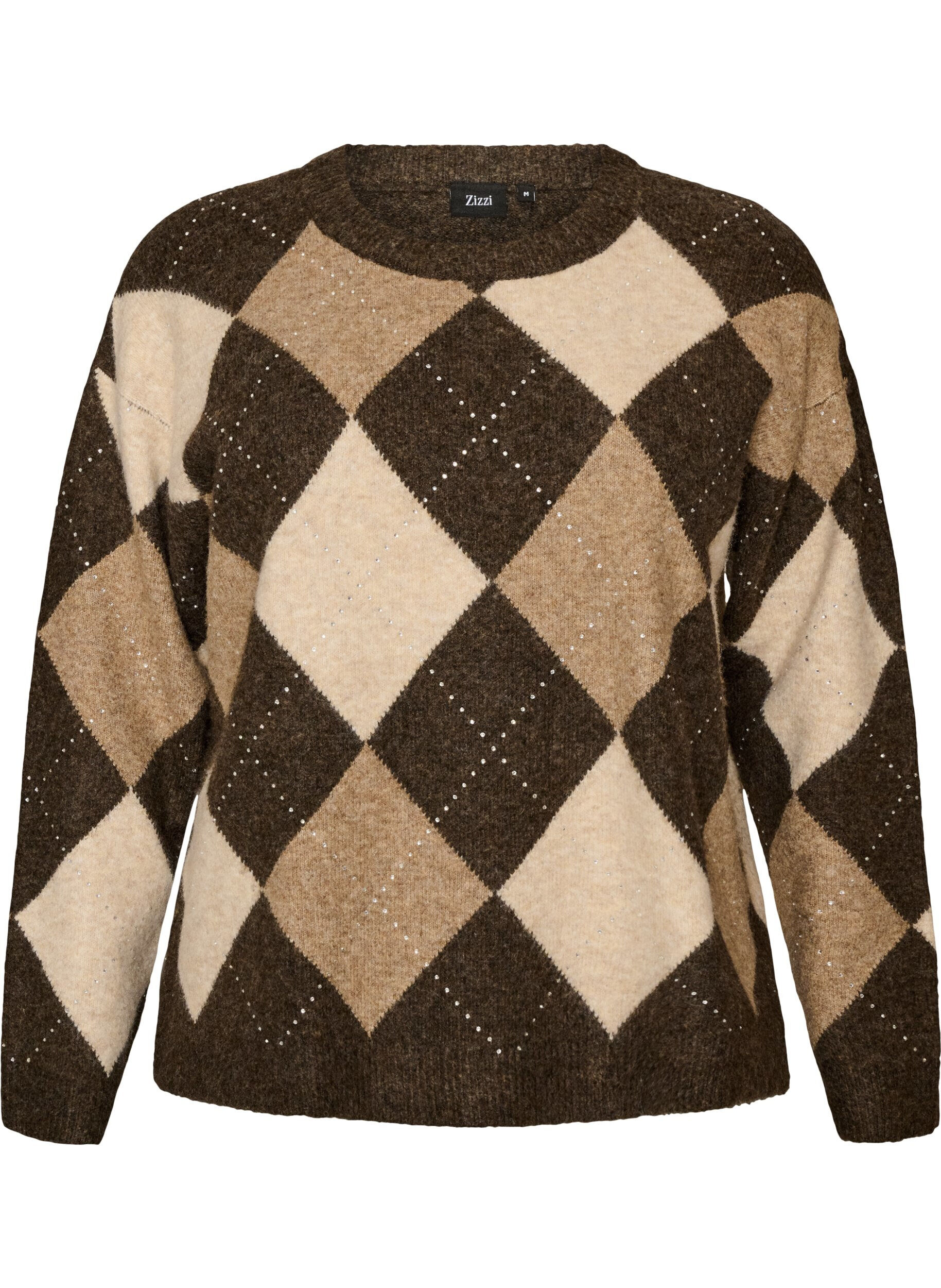 ZizziGebreide top met argylepatroon en rhinestones, Bruin, Packshot image number 0