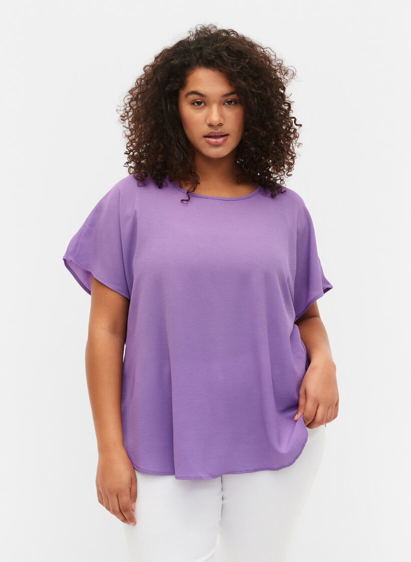Blouse à manches courtes et encolure ronde, Violet, Model image number 0