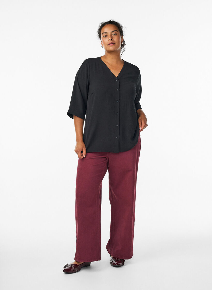 Shirtblouse met V-hals en 3/4 mouwen, Zwart, Model image number 1