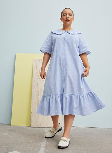 Katoenen jurk met strepen en korte mouwen, Blue Stripe, Image image number 0